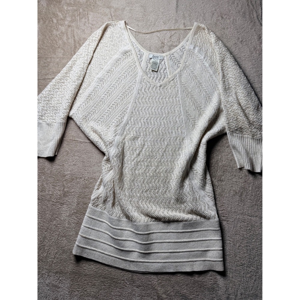 Cache Womens Cream Metallic Shimmer Pointelle Knit Dolman Sleeve Sweater M
